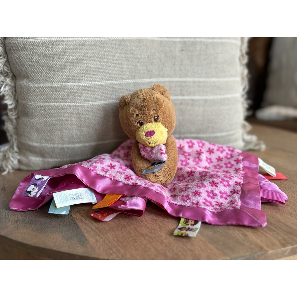 Taggies Pink Floral Teddy Bear Baby Security Blanket Satin Ribbon Loops Plush